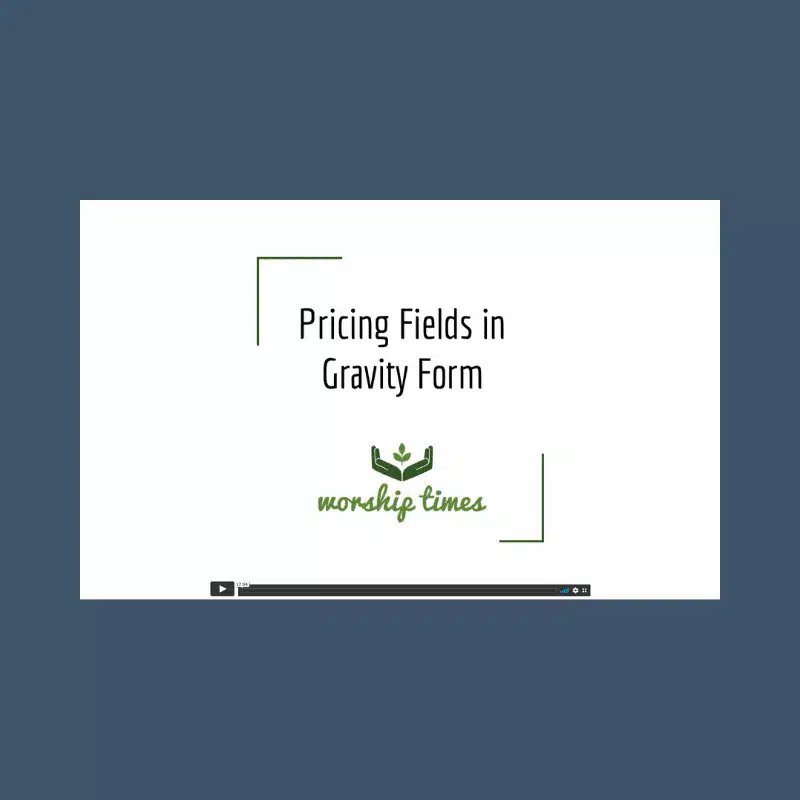 Graphic of video player with the text "Pricing fields in Gravity Forms."
