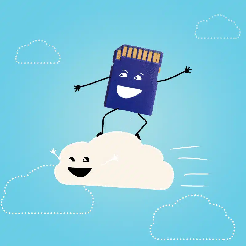 Graphic of an SD card cartoon character riding a cloud cartoon character.