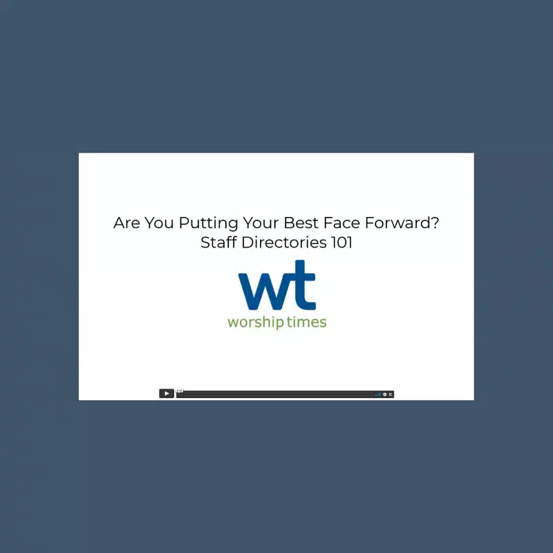 Graphic of a video player with the text "Are you putting your best face forward? Staff Directories 101"