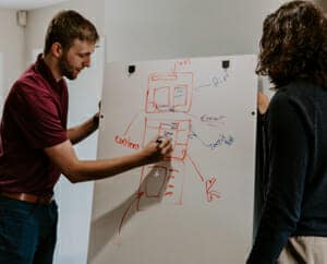 A picture of two people drawing on a flip chart.