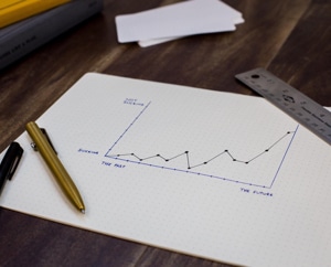 Picture of a piece of graph paper displaying a drawn chart with a ruler and two pins.