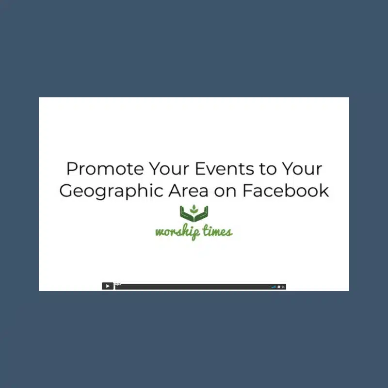 Graphic of video player with the text "Promote your events to your geographic area on Facebook."