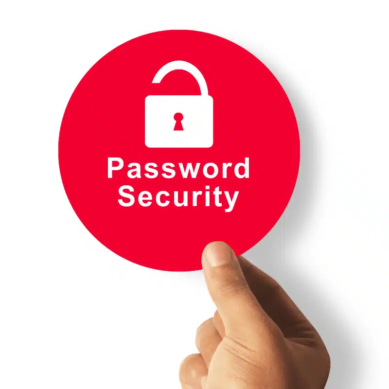 Graphic of a hand holding a red sticker with unlocked padlock icon and the text "Password Security."