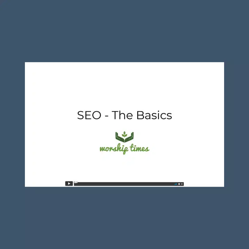 Graphic of video player with the text "SEO - The Basics."