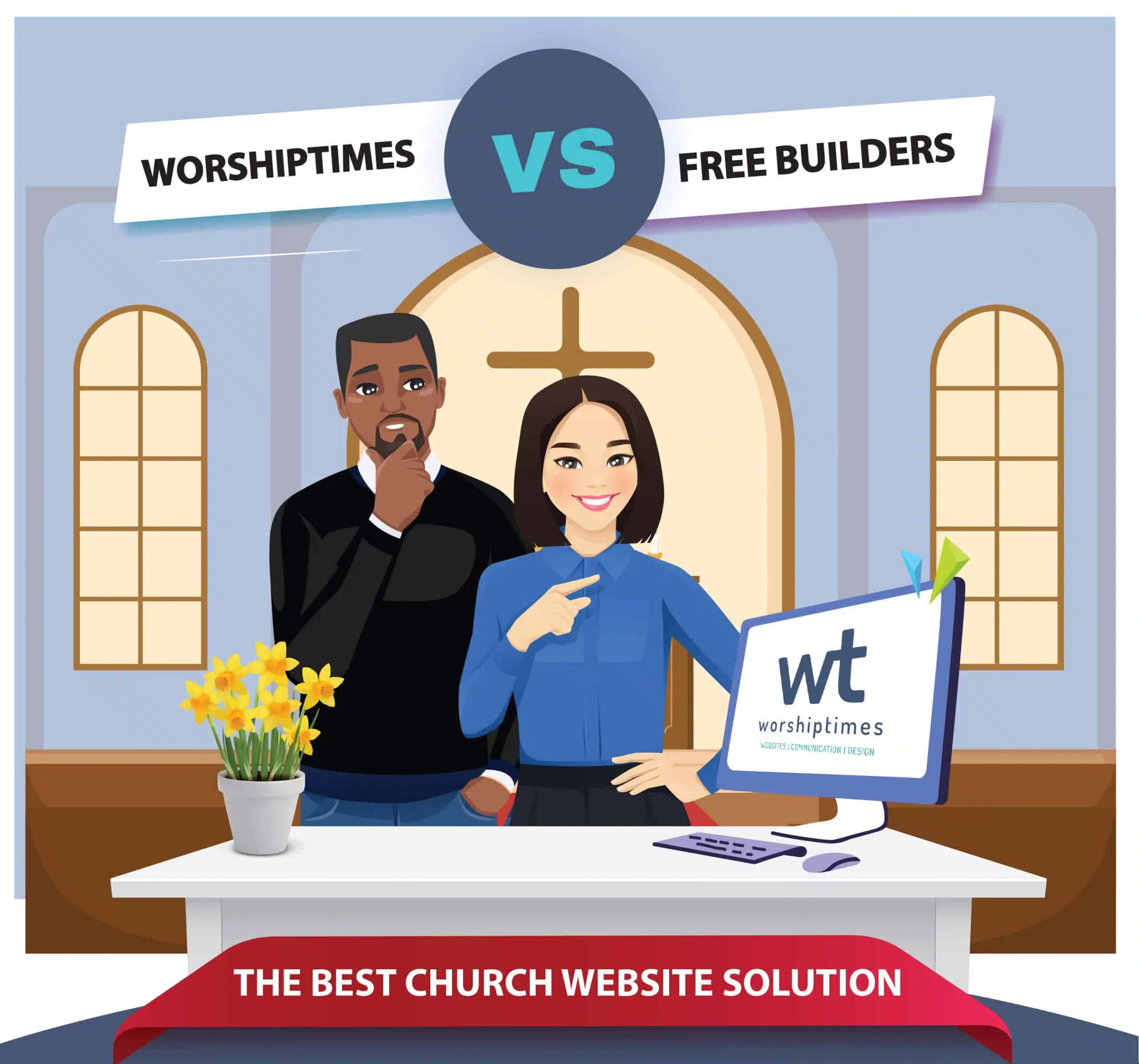 Graphic of a church sanctuary and a desk with one male and one female and a desktop with the Worship Times logo on the screen.
