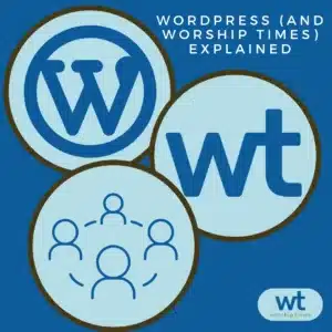 Graphic of three circles indicating the icons for WordPress, Worship Times, and four person figures in a circle.