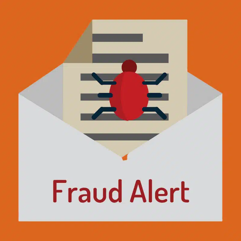 Graphic of and envelope with a bug on the sheet of paper inside with the text, "Fraud Alert."