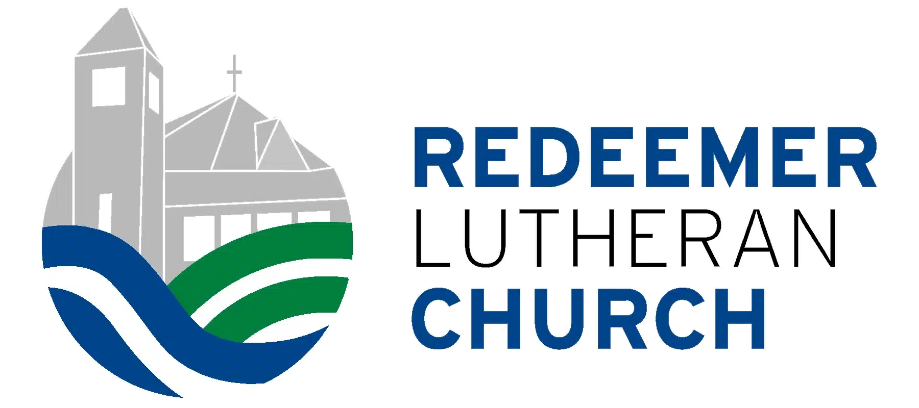 Logo of Redeemer Lutheran Church, featuring a stylized church building, cross, and flowing blue and green lines. Text prominently displayed.