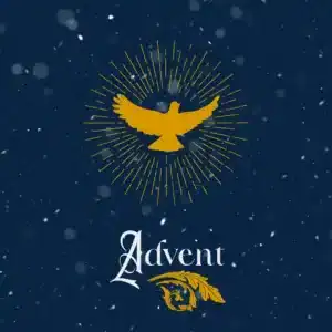 Golden dove with rays above text "Advent" on a dark, snowy background, featuring decorative elements. Symbolizes anticipation and celebration.