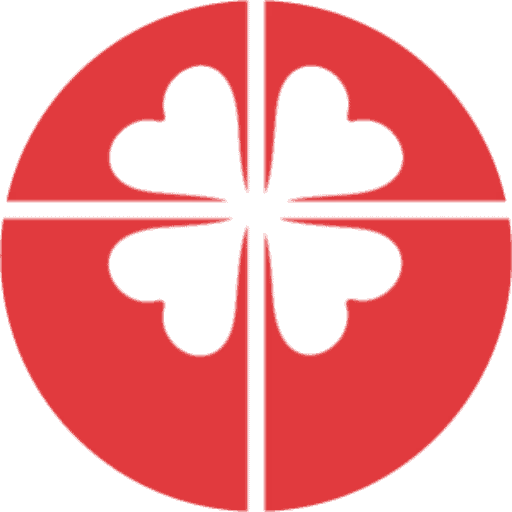 Listening Hearts Ministries logo, a red circle divided into four sections by a white cross, with four white heart shapes forming a clover pattern at the center